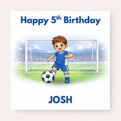 Personalised boys football birthday card featuring young footballer kicking a ball in front of a goal with custom name and birthday age on white background.