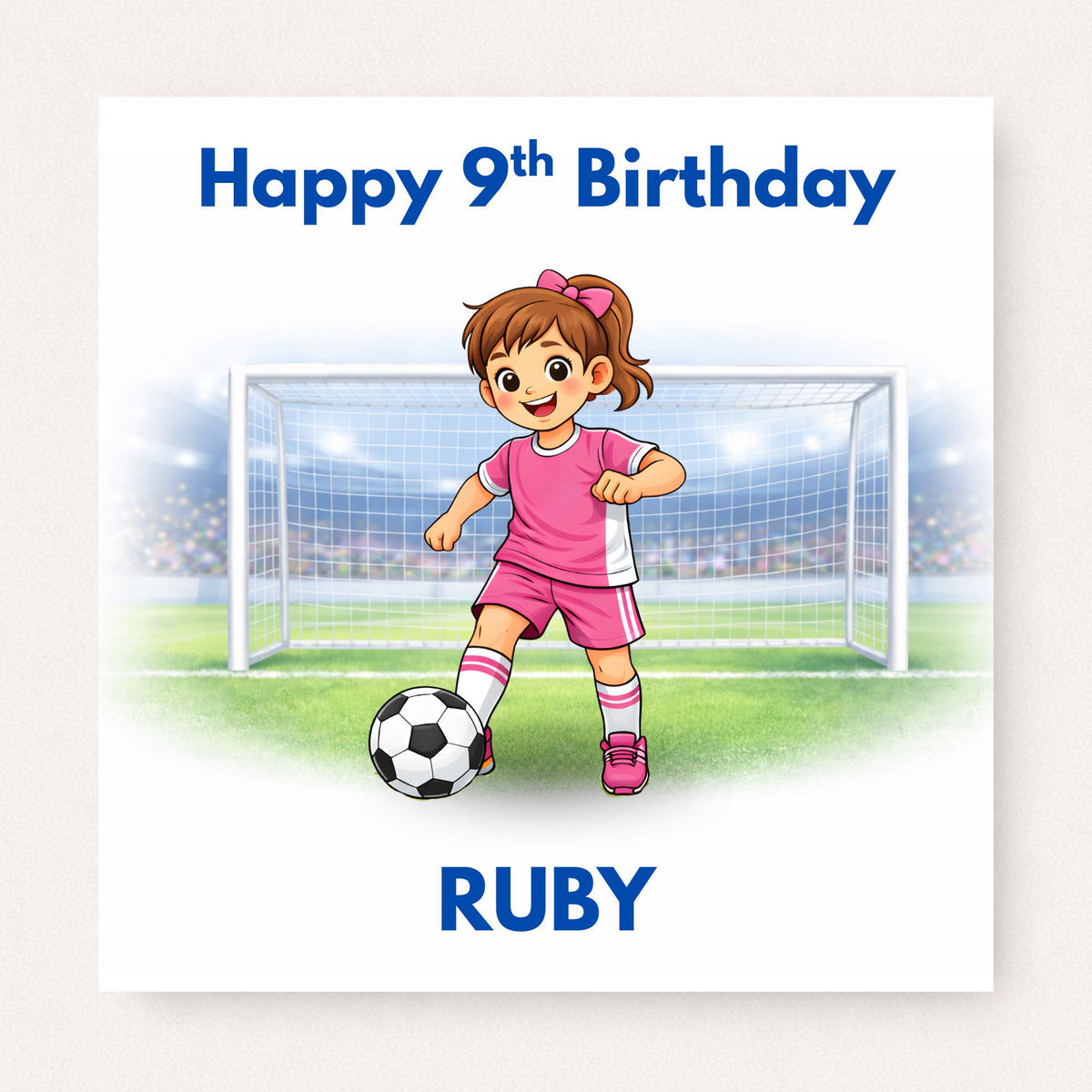 Personalised girls football birthday card with a pink football kit player kicking a ball in front of a goal and custom name at the bottom.