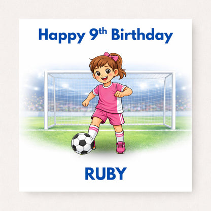 Personalised girls football birthday card with a pink football kit player kicking a ball in front of a goal and custom name at the bottom.