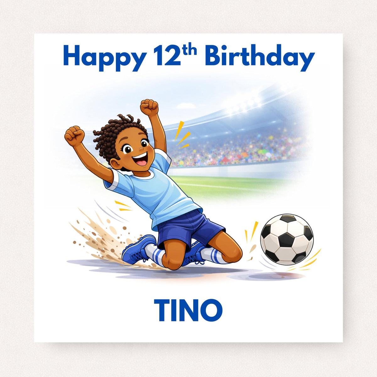 Personalised football birthday card featuring boy sliding in celebration with custom name, age, hair colour and skin tone on white background.