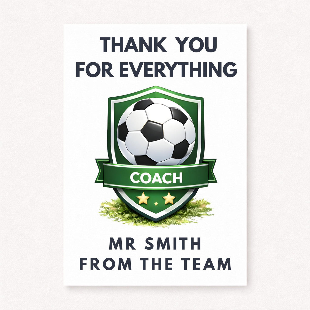 Personalised football thank you card featuring a green shield badge with soccer ball and “Coach” banner, customised with a name and message from the team.