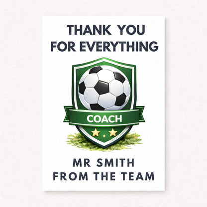 Personalised football thank you card featuring a green shield badge with soccer ball and “Coach” banner, customised with a name and message from the team.