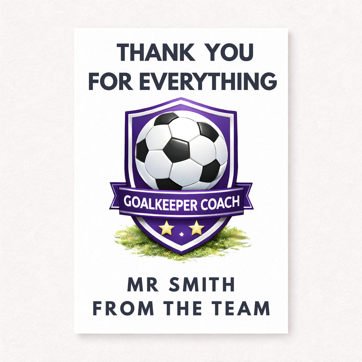 Personalised football goalkeeper coach thank you card with purple shield badge, soccer ball emblem and custom name from the team