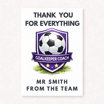 Personalised football goalkeeper coach thank you card with purple shield badge, soccer ball emblem and custom name from the team