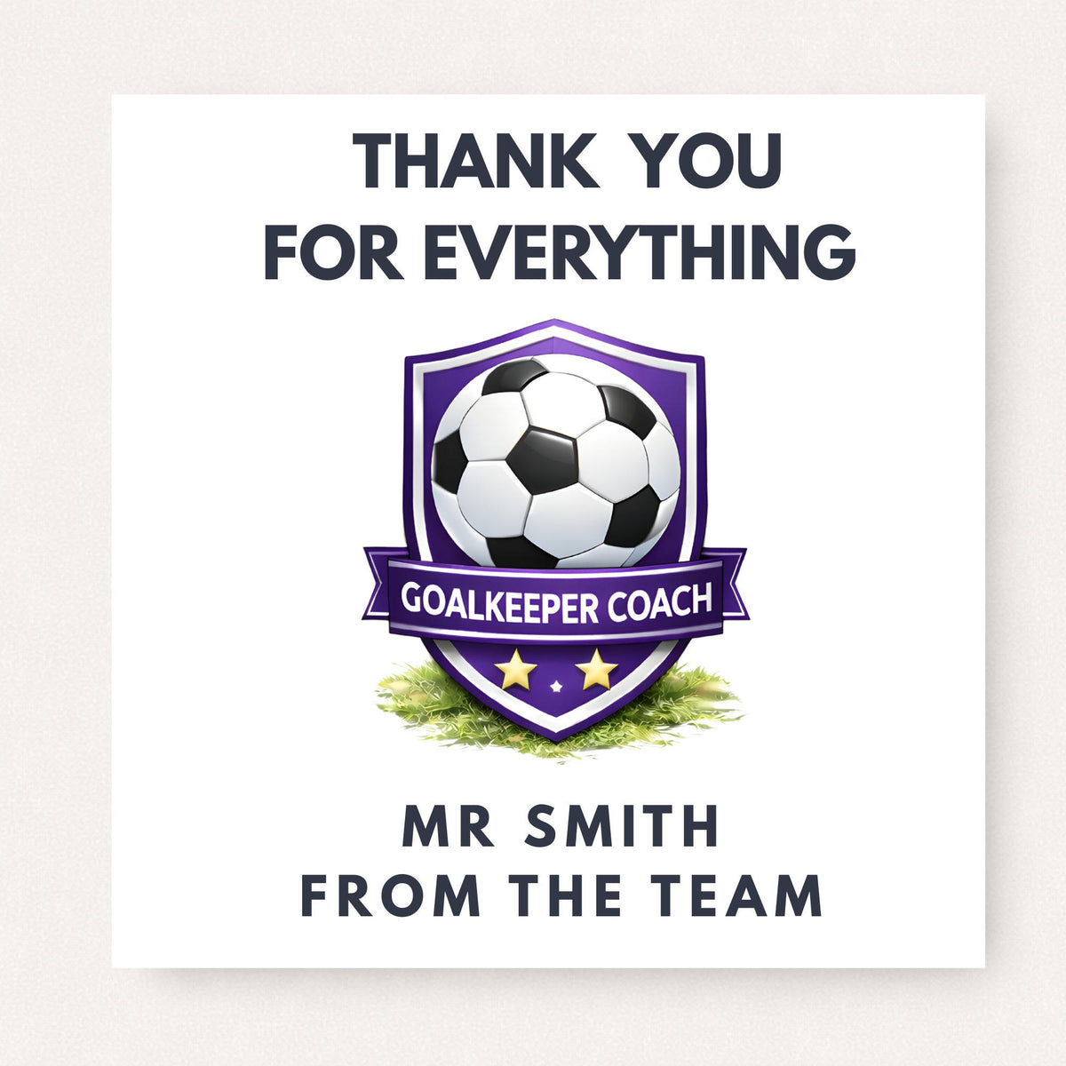 Personalised football goalkeeper coach thank you card with purple shield badge, soccer ball emblem and custom name from the team
