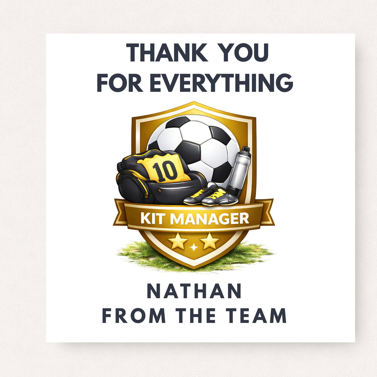 Personalised football kit manager thank you card with gold shield badge, soccer ball, kit bag and custom name from the team