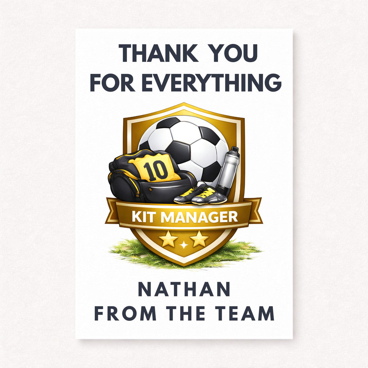 Personalised football kit manager thank you card with gold shield badge, soccer ball, kit bag and custom name from the team