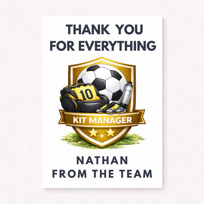 Personalised football kit manager thank you card with gold shield badge, soccer ball, kit bag and custom name from the team