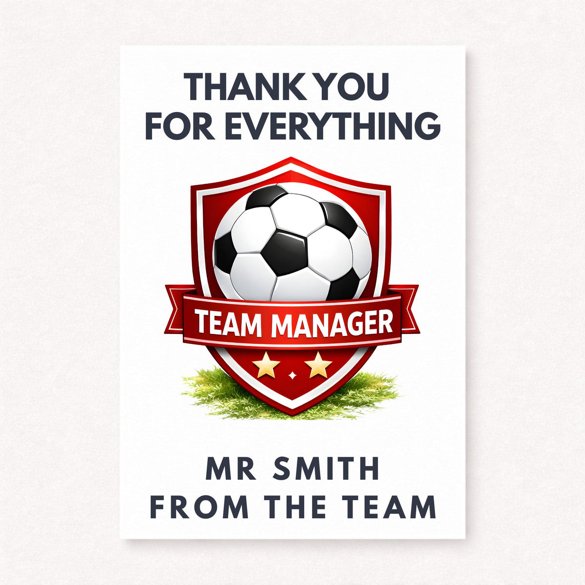 Personalised football team manager thank you card with red shield badge, soccer ball emblem and custom name from the team