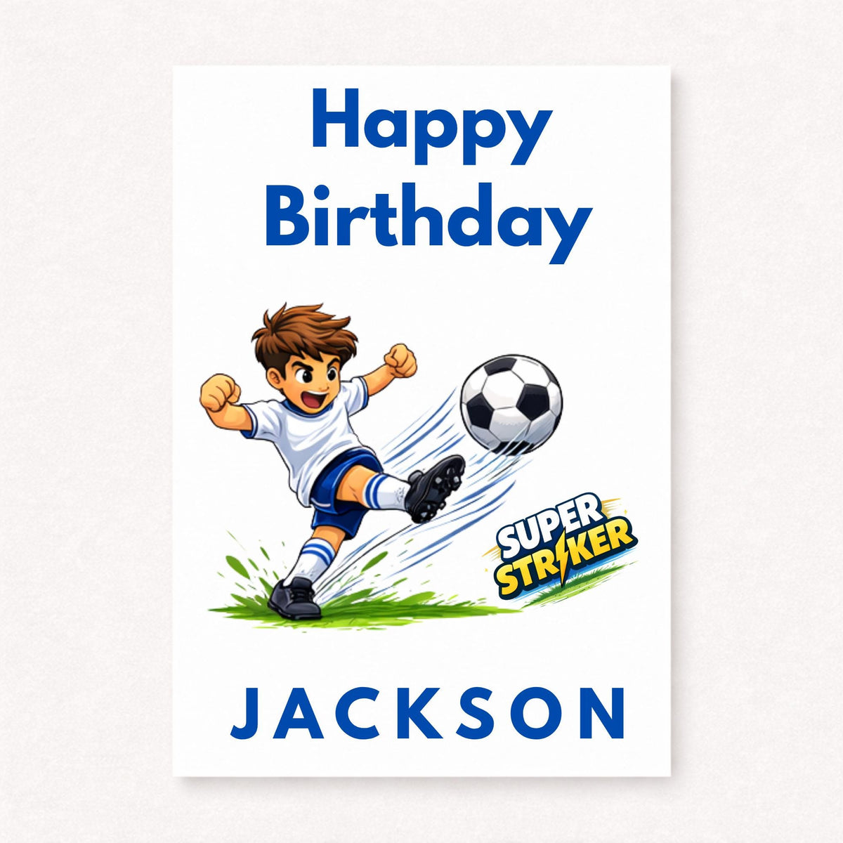 Personalised boys football birthday card with cartoon player kicking ball, super striker text, happy birthday message and cus