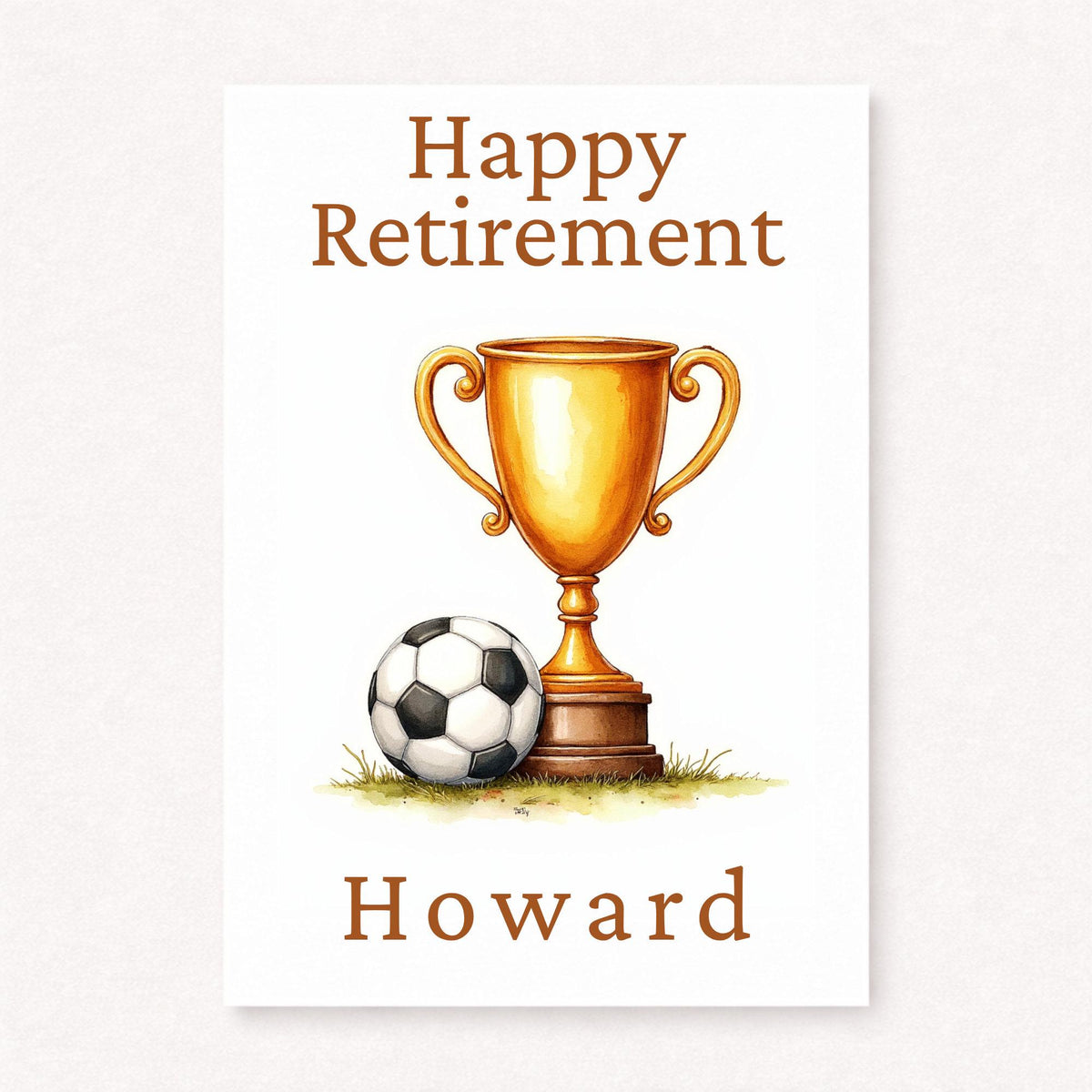 Personalised football retirement card with gold trophy and football on grass, happy retirement text and custom name in classic style