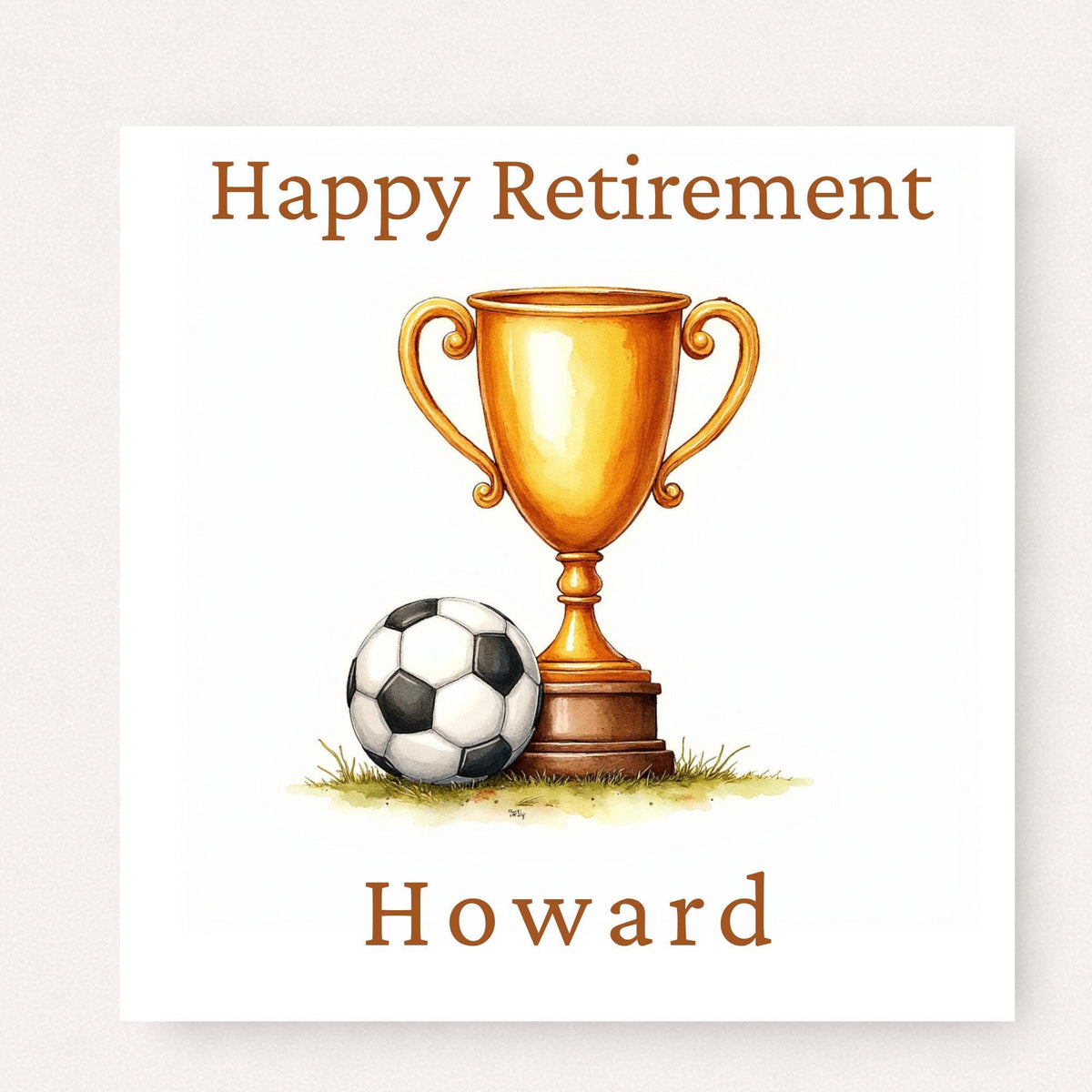 Personalised football retirement card with gold trophy and football on grass, happy retirement text and custom name in classic style