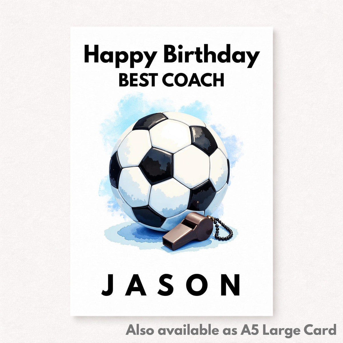 Personalised Football Coach Birthday Card – Custom Name, Whistle & Ball Design