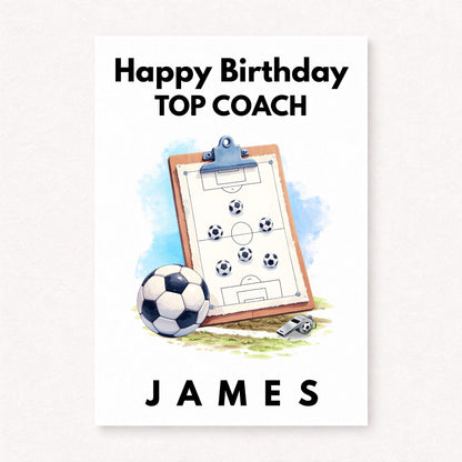 Personalised Top Coach Birthday Card – Football Coach Tactics Board Design