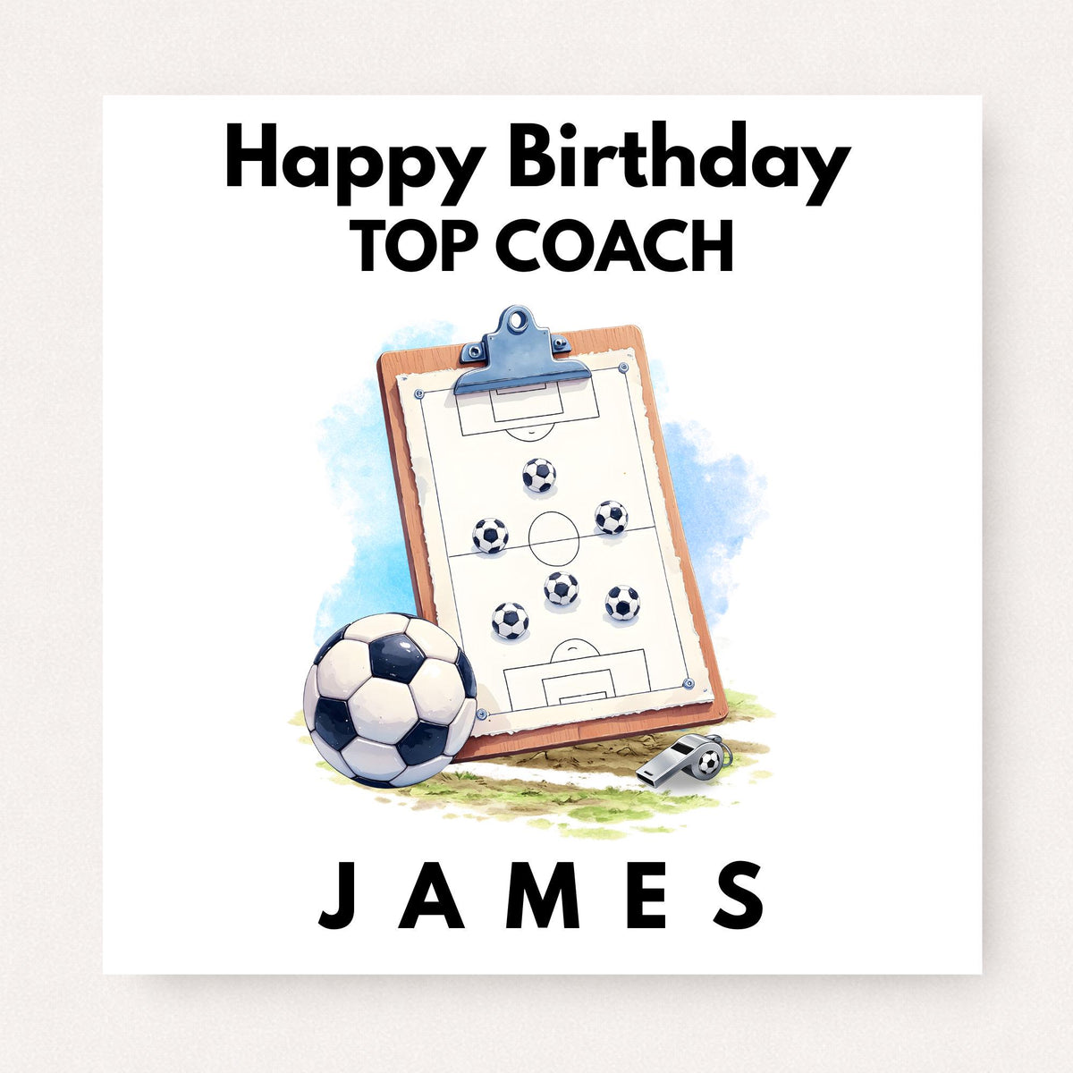 Personalised football top coach birthday card with soccer tactics board, football and whistle illustration