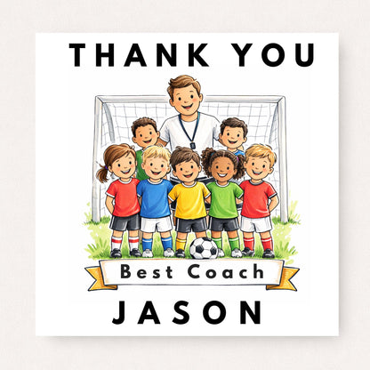 Personalised football coach thank you card with youth team players and coach illustration