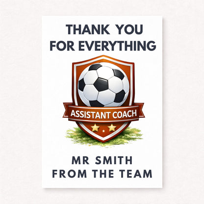 Personalised football thank you card featuring an orange shield badge with soccer ball and “Assistant Coach” banner, customised with a name and team message.
