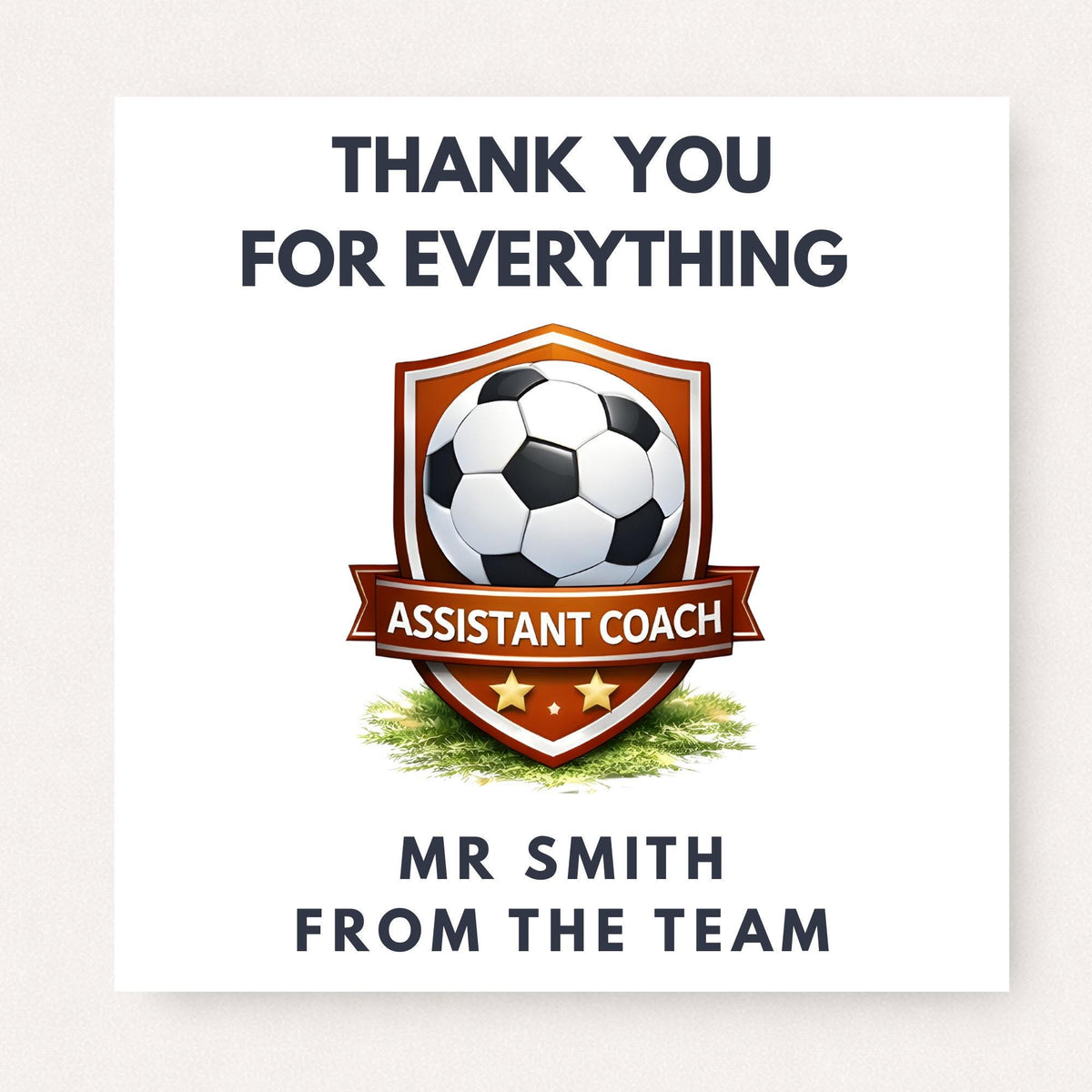 Personalised football thank you card featuring an orange shield badge with soccer ball and “Assistant Coach” banner, customised with a name and team message.
