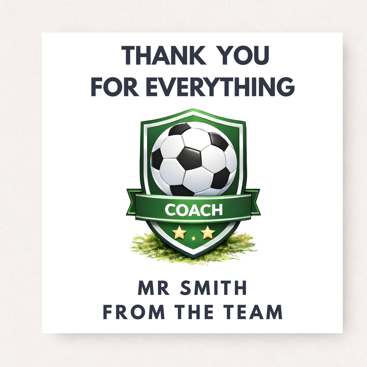 Personalised football thank you card featuring a green shield badge with soccer ball and “Coach” banner, customised with a name and message from the team.