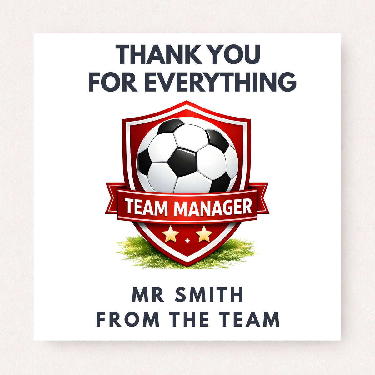 Personalised football team manager thank you card with red shield badge, soccer ball emblem and custom name from the team