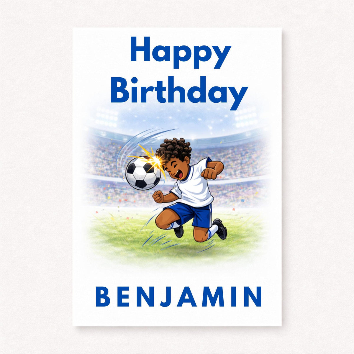 Personalised football birthday card with cartoon footballer heading the ball in stadium, happy birthday text and custom name in bold blue lettering