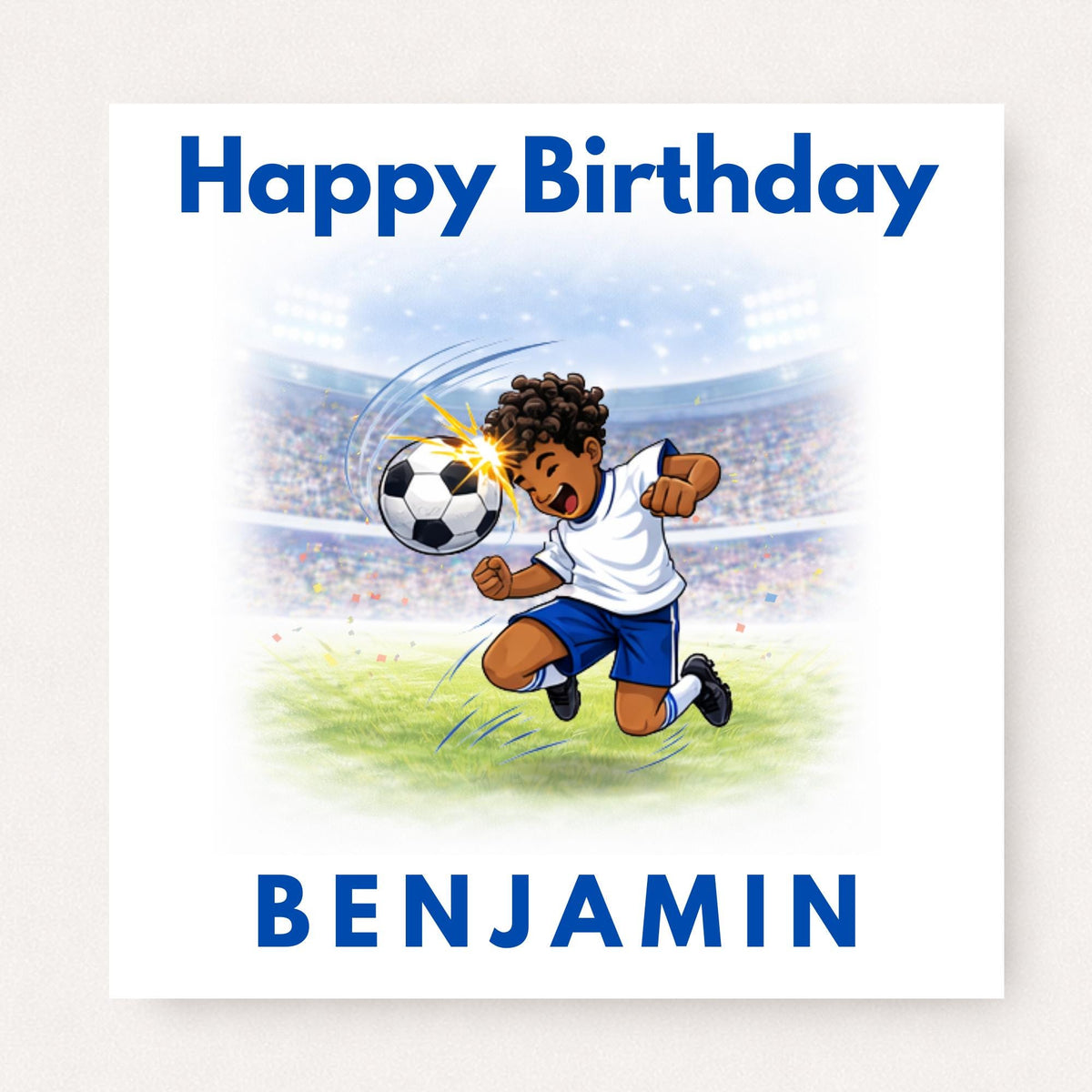 Personalised football birthday card with cartoon footballer heading the ball in stadium, happy birthday text and custom name in bold blue lettering