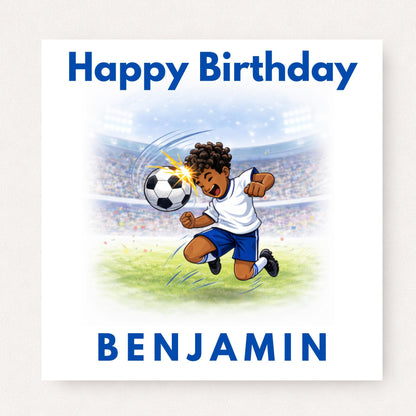 Personalised football birthday card with cartoon footballer heading the ball in stadium, happy birthday text and custom name in bold blue lettering