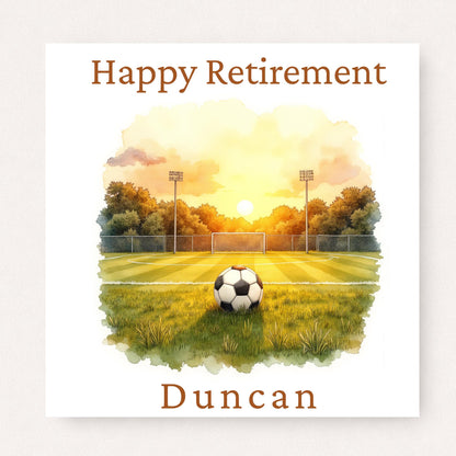 Personalised football retirement card with football on pitch at sunset, goal and stadium lights in background, happy retirement text and custom name
