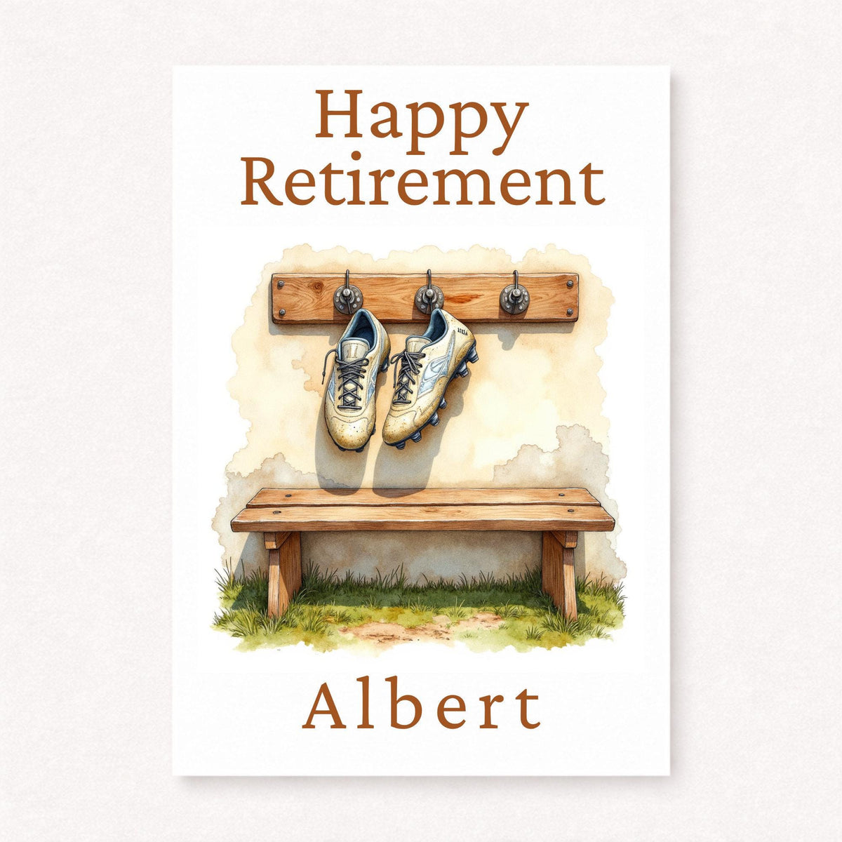 Personalised football retirement card with hanging boots in changing room, wooden bench background, happy retirement text and custom name