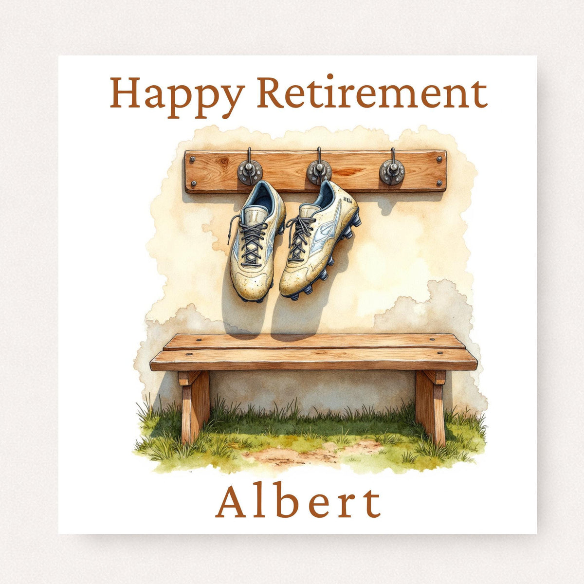 Personalised football retirement card with hanging boots in changing room, wooden bench background, happy retirement text and custom name