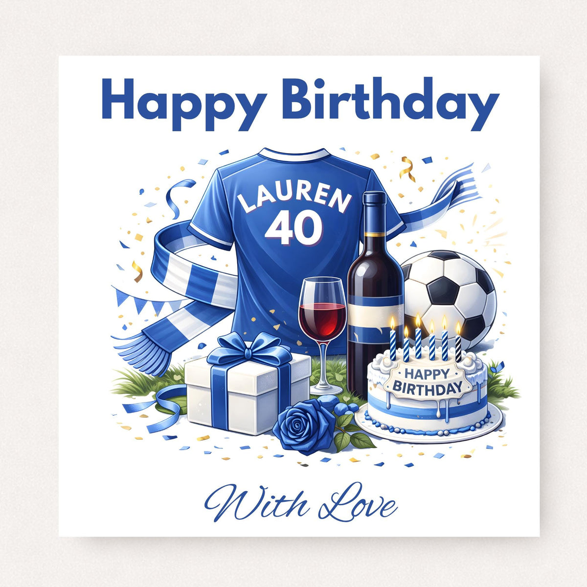 Personalised football birthday card with blue shirt and name number, birthday cake, wine, gift box and football in celebratory scene