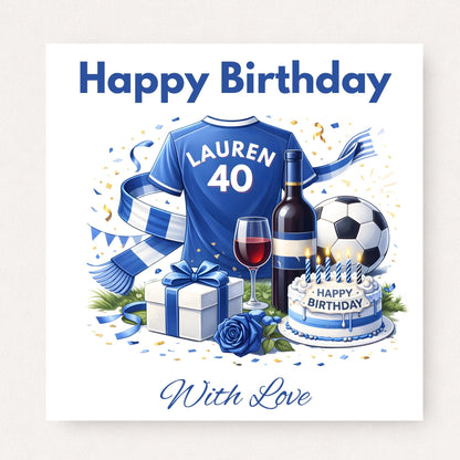 Personalised football birthday card with blue shirt and name number, birthday cake, wine, gift box and football in celebratory scene