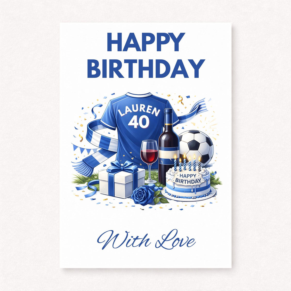 Personalised football birthday card with blue shirt and name number, birthday cake, wine, gift box and football in celebratory scene