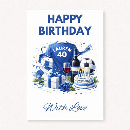 Personalised football birthday card with blue shirt and name number, birthday cake, wine, gift box and football in celebratory scene