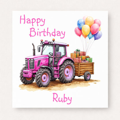 Personalised girls birthday card with pink tractor, trailer full of presents and balloons, custom name Ruby, farm themed design on white background