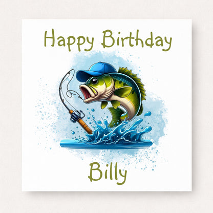 Personalised fishing birthday card with a jumping fish wearing a blue cap holding a fishing rod with water splash and custom name.