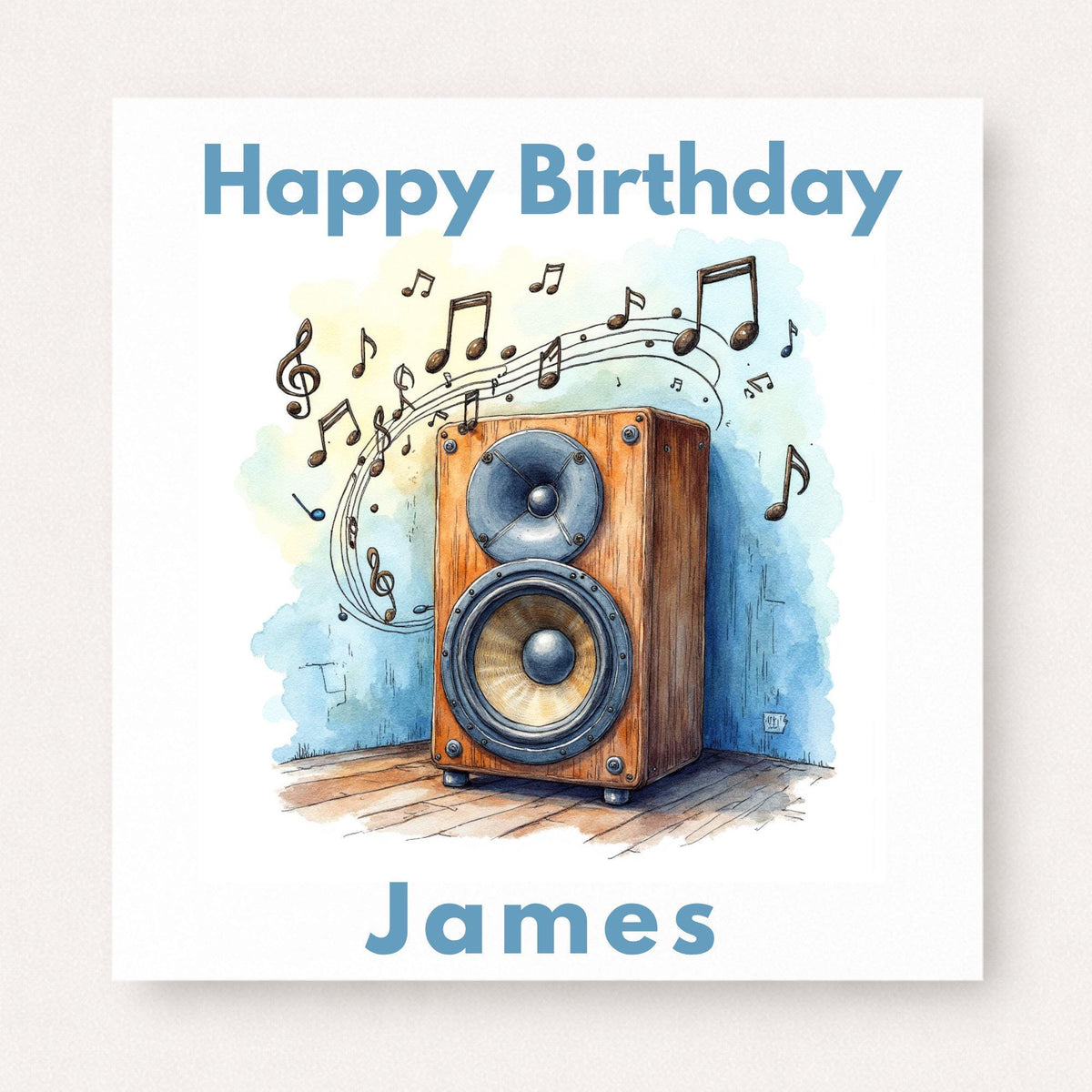 Birthday card with wooden speaker and musical notes illustration, personalised name design for music lover