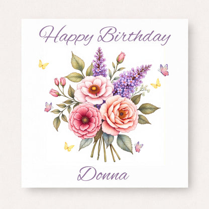 Birthday card with pink and purple floral bouquet and butterflies, personalised name design
