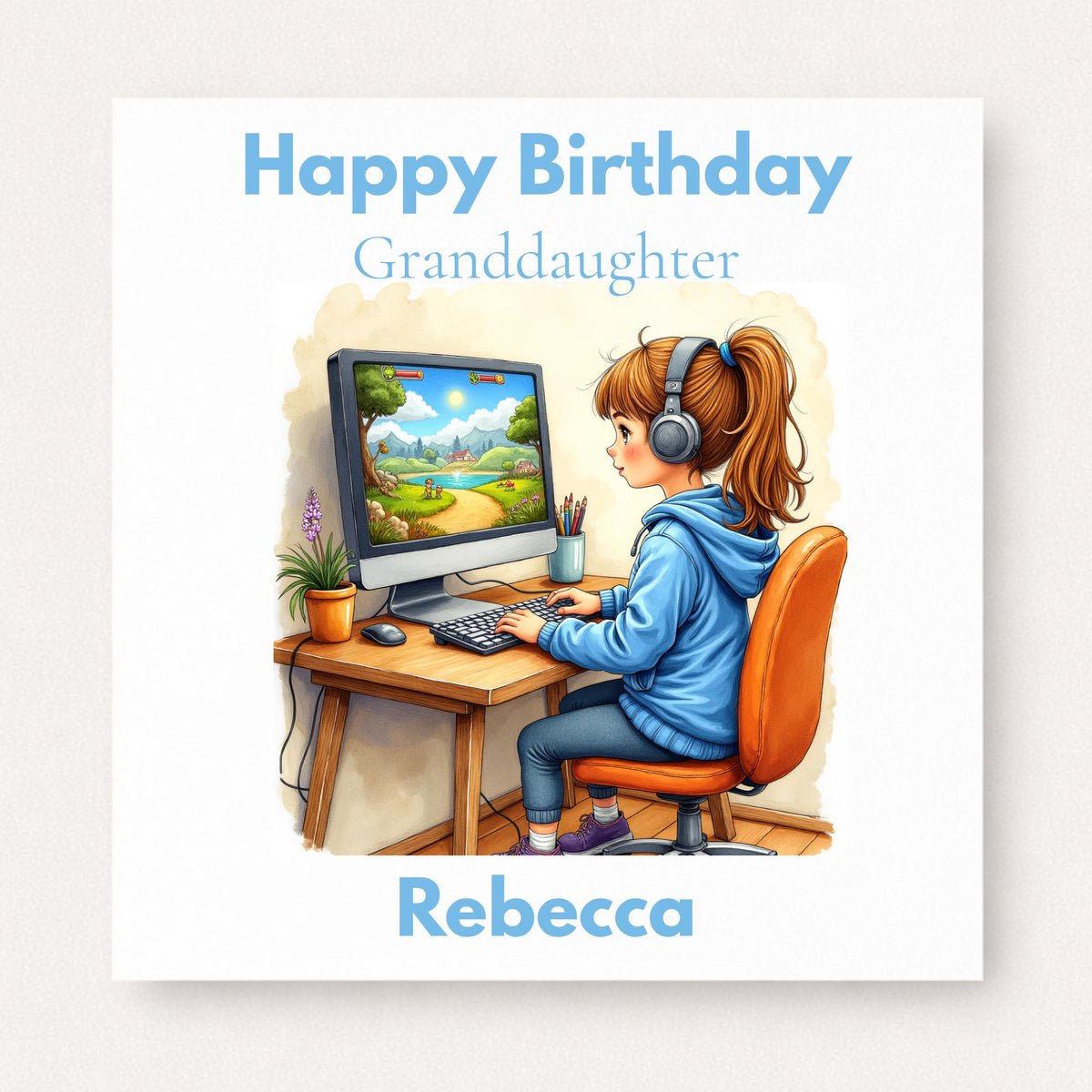 Birthday card for granddaughter with girl wearing headphones playing computer game at desk, personalised name design