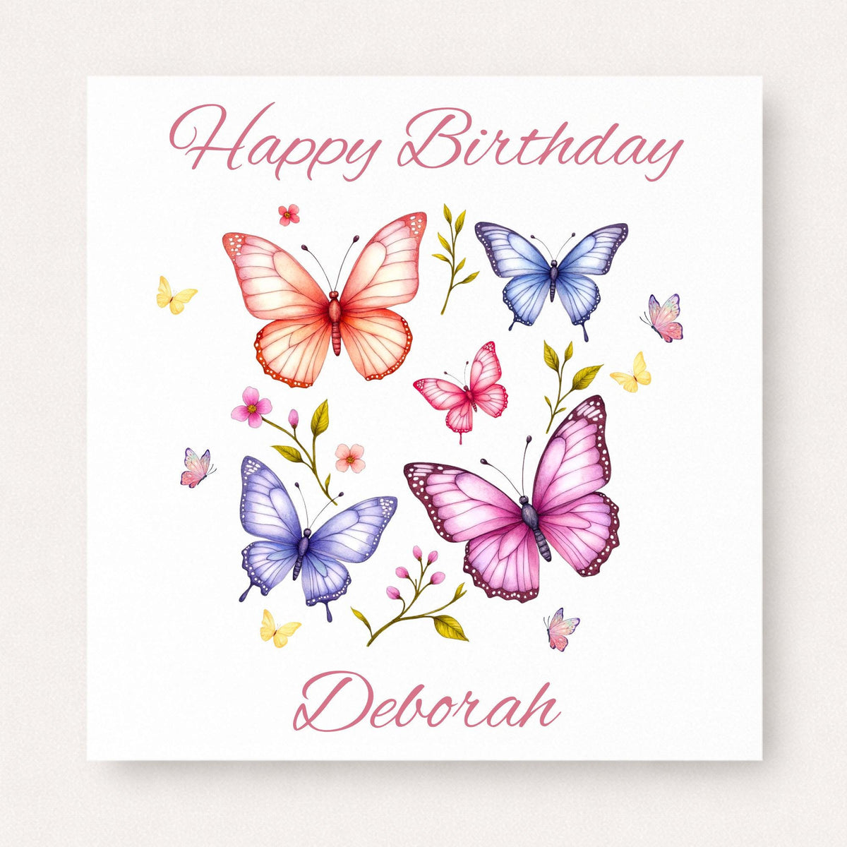 Birthday card with colourful butterflies and flowers, personalised name design for her