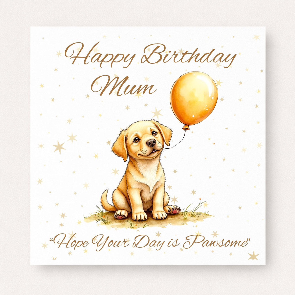 Birthday card for mum with cute puppy holding balloon and stars background, personalised name design