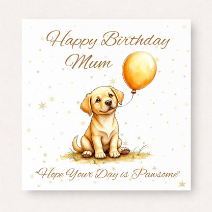 Birthday card for mum with cute puppy holding balloon and stars background, personalised name design