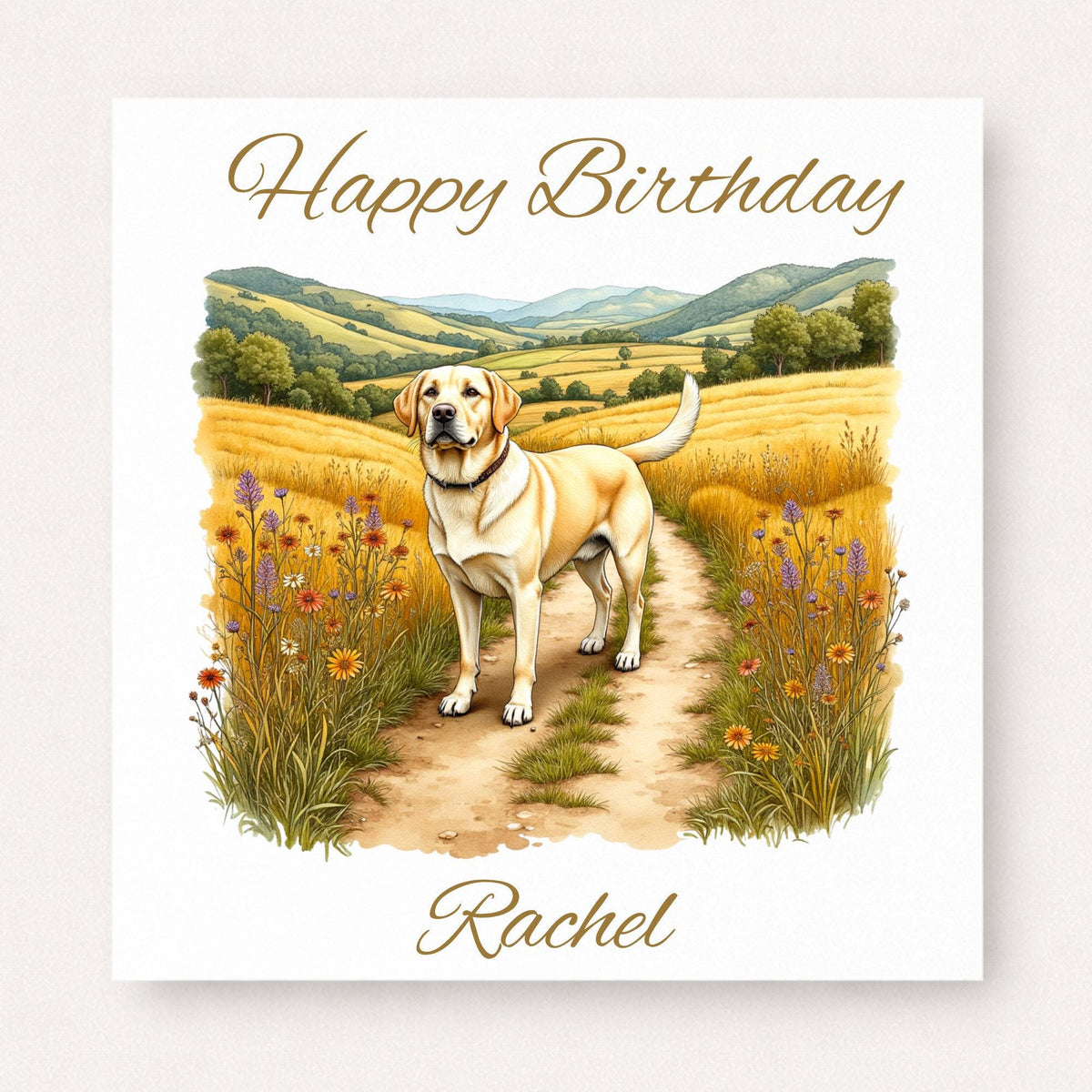 Birthday card with Labrador dog standing on countryside path with flowers and hills, personalised name design