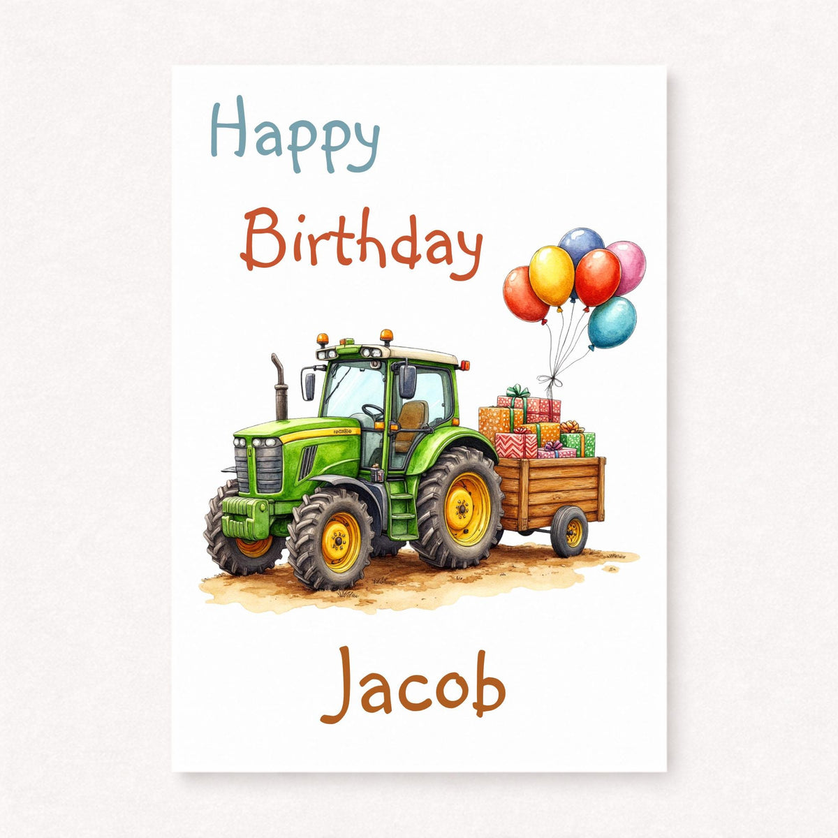 Personalised Birthday Card – Green Tractor with Balloons and Presents - Farm gift
