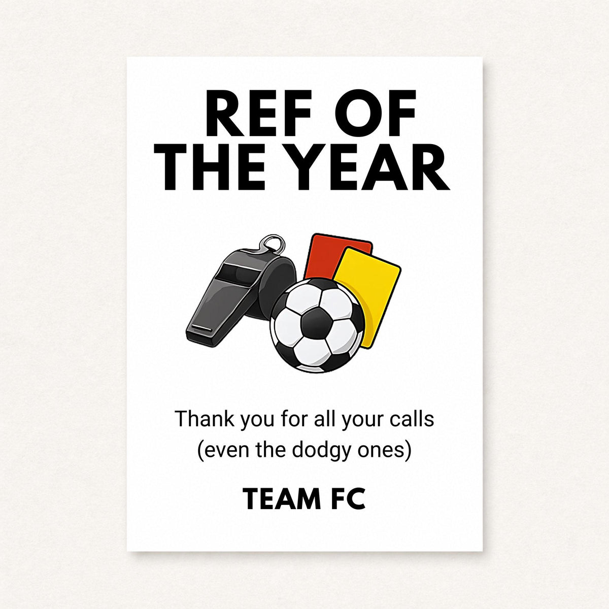 Personalised referee thank you card with whistle football red and yellow cards and Ref of the Year text