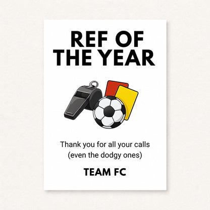 Personalised referee thank you card with whistle football red and yellow cards and Ref of the Year text