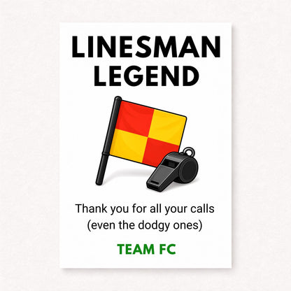 A5 personalised football linesman thank you card featuring a red and yellow flag and whistle with “Linesman Legend” text on a clean white background.