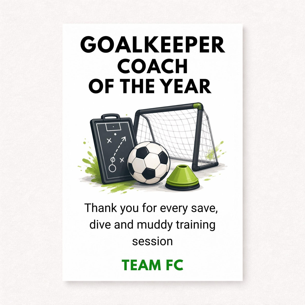 A5 personalised goalkeeper coach thank you card featuring a football goal, tactics board, football and training cone with “Goalkeeper Coach Of The Year” text on a clean white background.