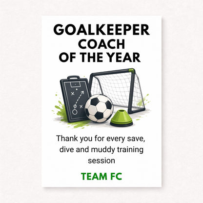 A5 personalised goalkeeper coach thank you card featuring a football goal, tactics board, football and training cone with “Goalkeeper Coach Of The Year” text on a clean white background.