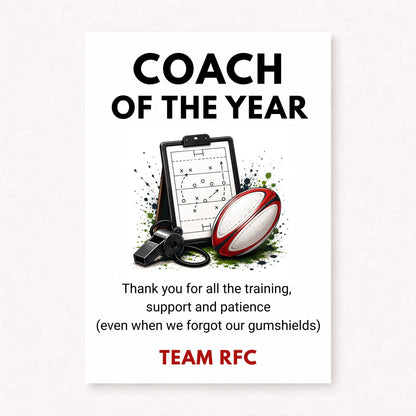 Personalised rugby coach thank you card featuring rugby ball, whistle and tactics board illustration with Coach of the Year text and funny gumshield message
